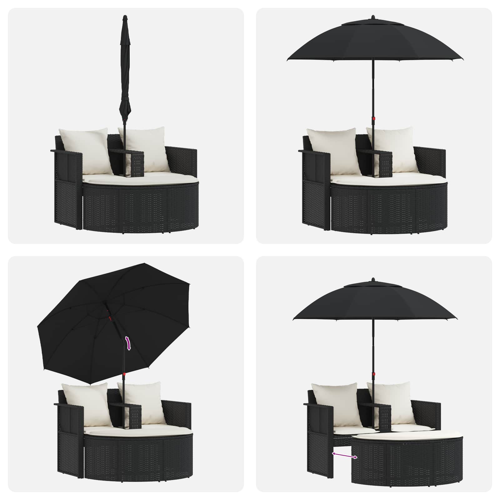 Lettino da Giardino con Ombrellone Nero in Polyrattan