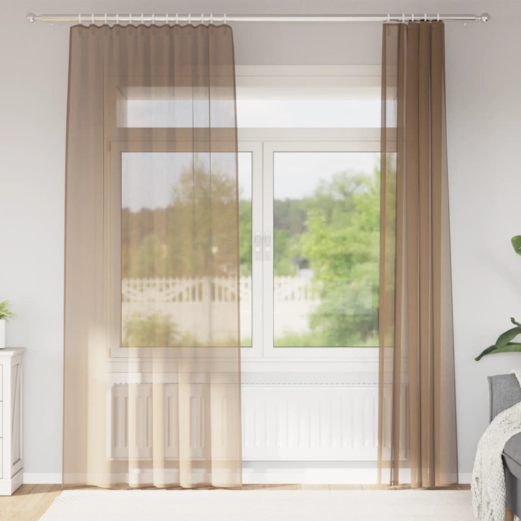 Tende in Voile con Tasche per Aste 2 pz Marrone Chiaro
