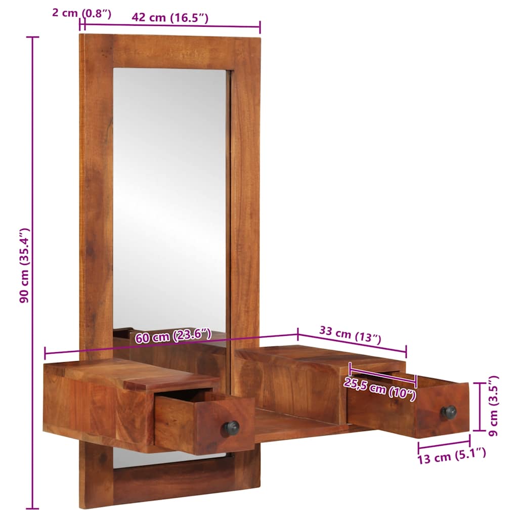 Specchio da Parete c/ Cassetti 60x33x90cm Legno Massello Acacia