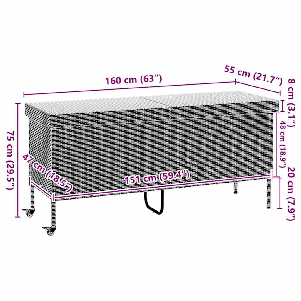Contenitore da Giardino con Ruote Nero 160x55x75 cm Polyrattan