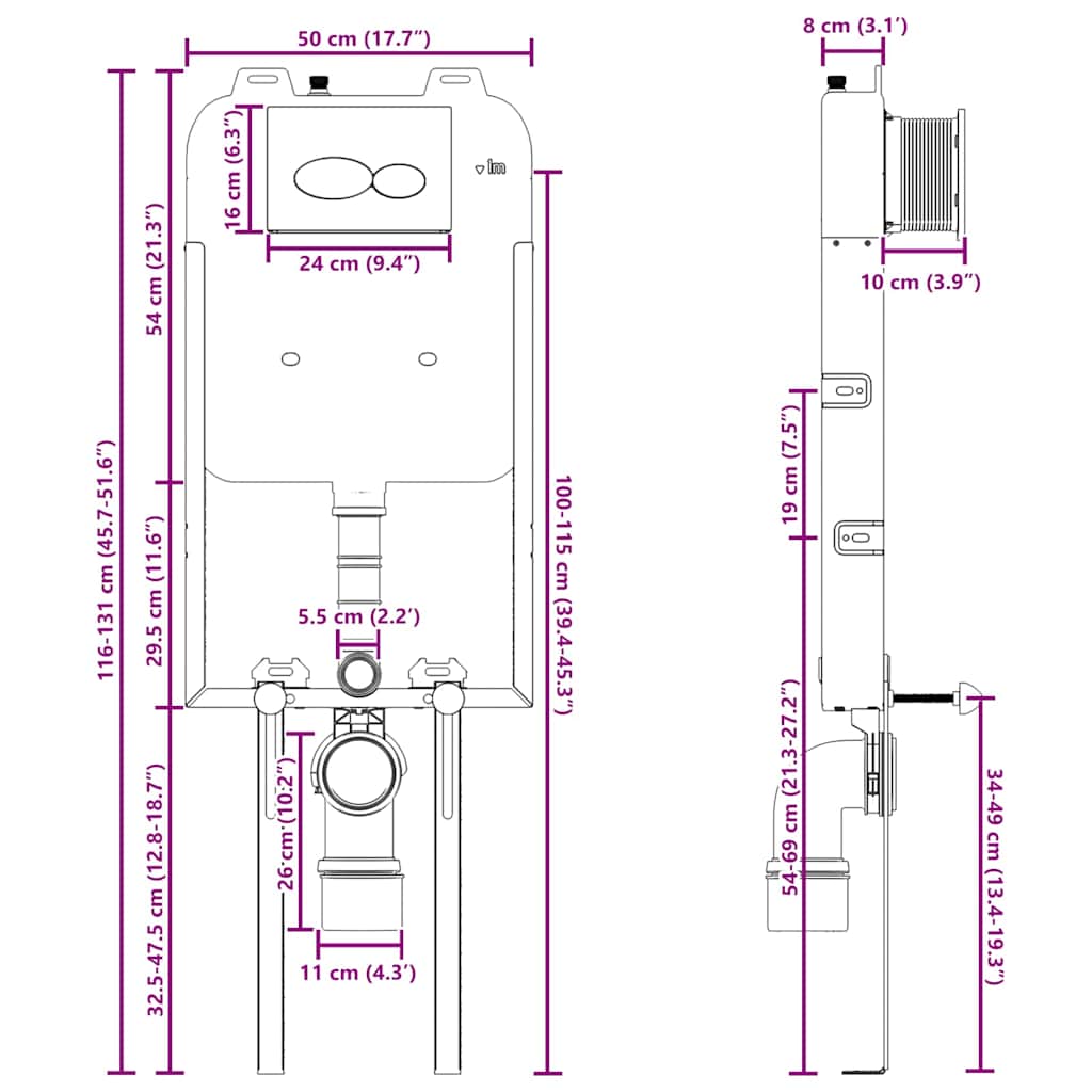 Telaio del Cistern Bianco 50 x 8 x 131 cm Acciaio