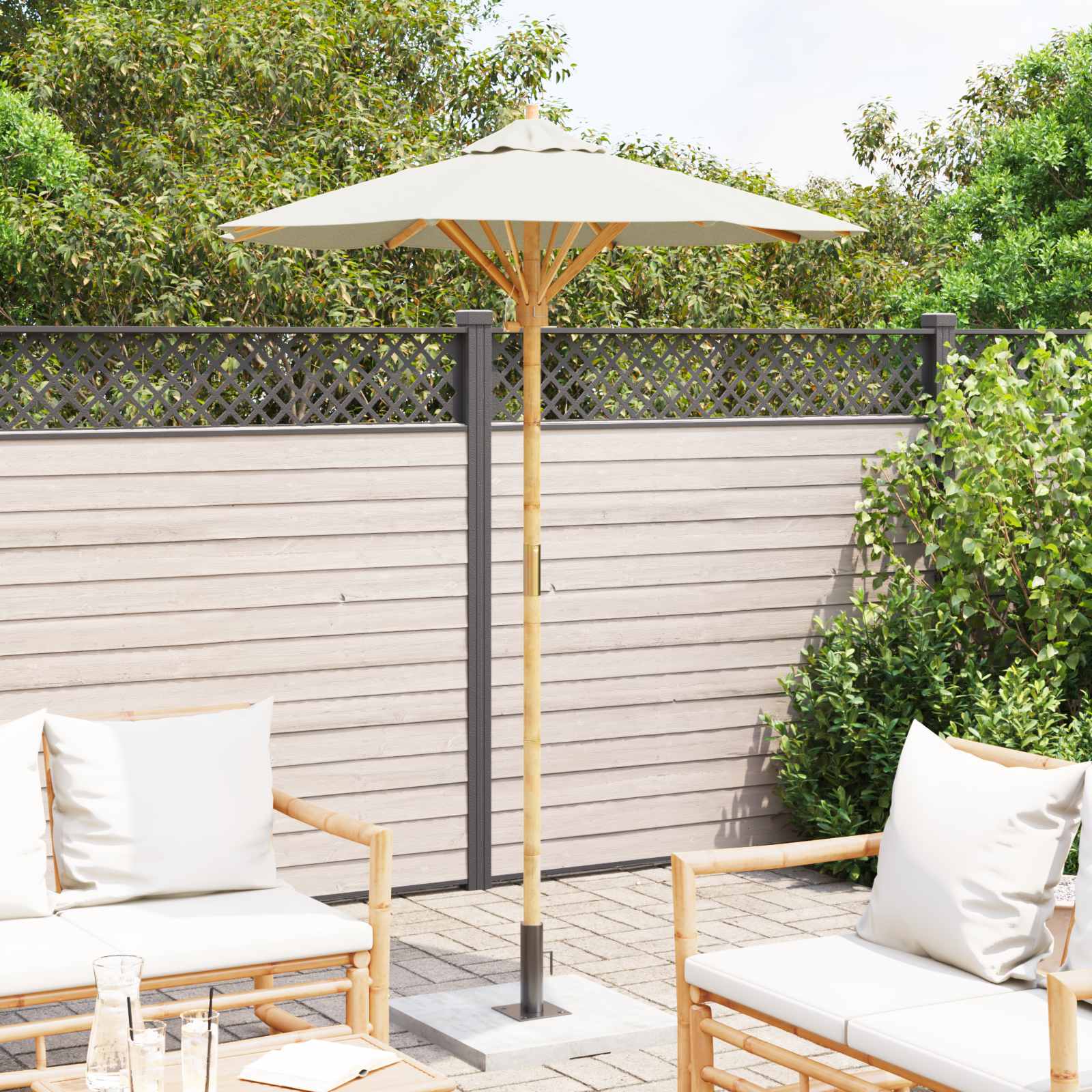 Ombrello da giardino Ø 150 x 210 cm Bambù Rotondo Bianco Crema