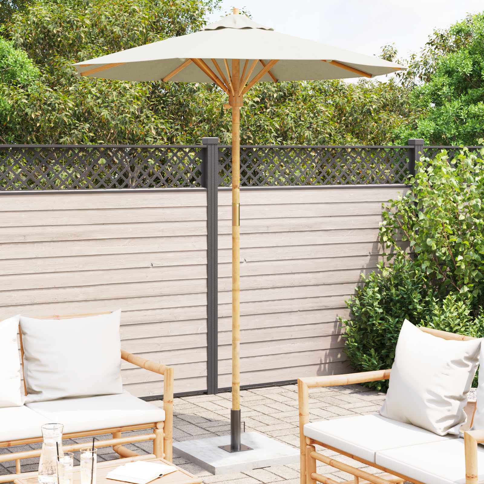 Ombrello da giardino Ø 180 x 230 cm Bambù Rotondo Bianco Crema