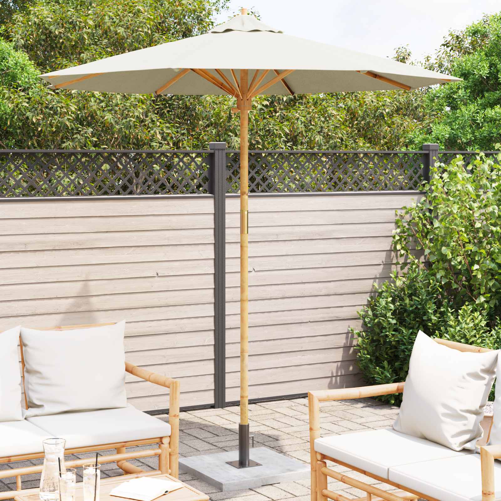 Ombrello da giardino Ø 217 x 230 cm Bambù Rotondo Bianco Crema