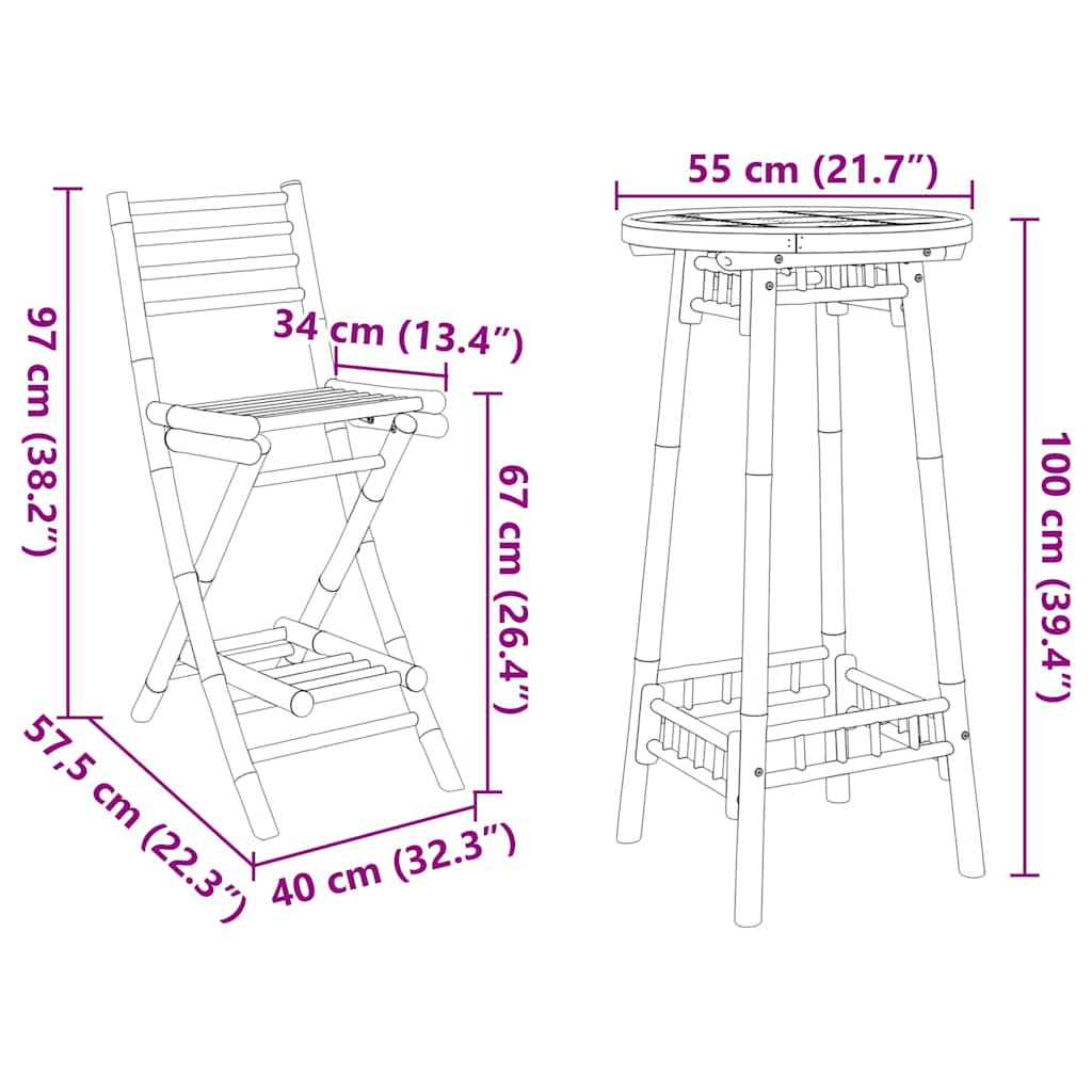 Set Bar da Esterno 3 pz Pieghevole in Bambù