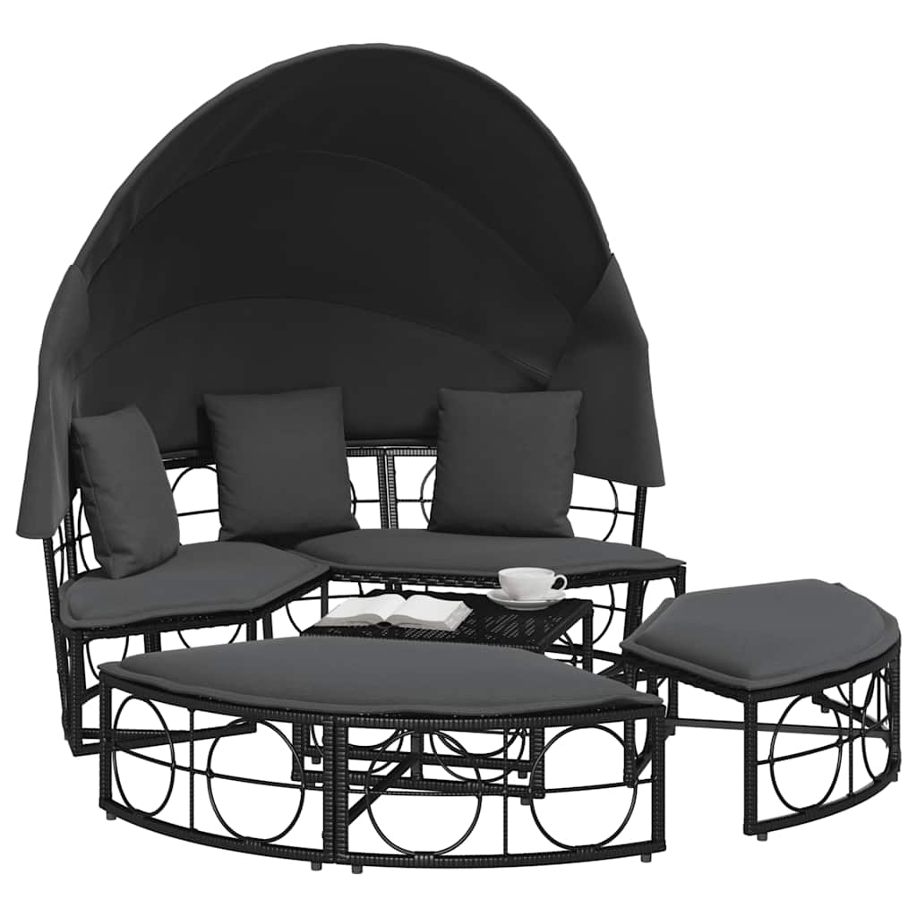Lettino Prendisole Esterno Tetto e Cuscini Nero in Polyrattan