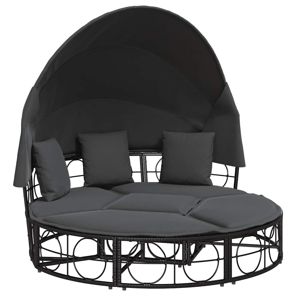 Lettino Prendisole Esterno Tetto e Cuscini Nero in Polyrattan