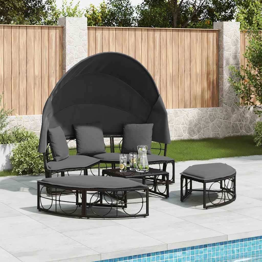 Lettino Prendisole Esterno Tetto e Cuscini Nero in Polyrattan