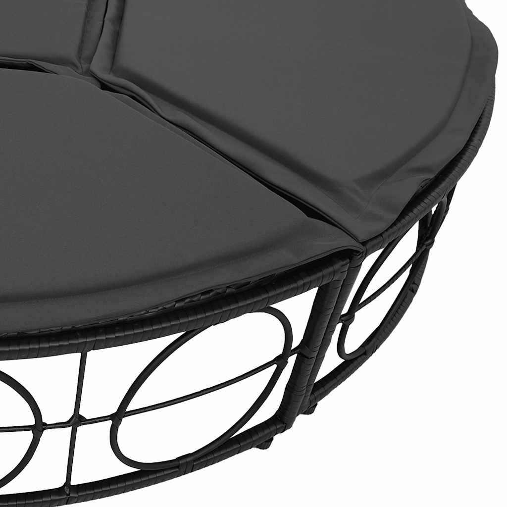 Lettino Prendisole Esterno Tetto e Cuscini Nero in Polyrattan