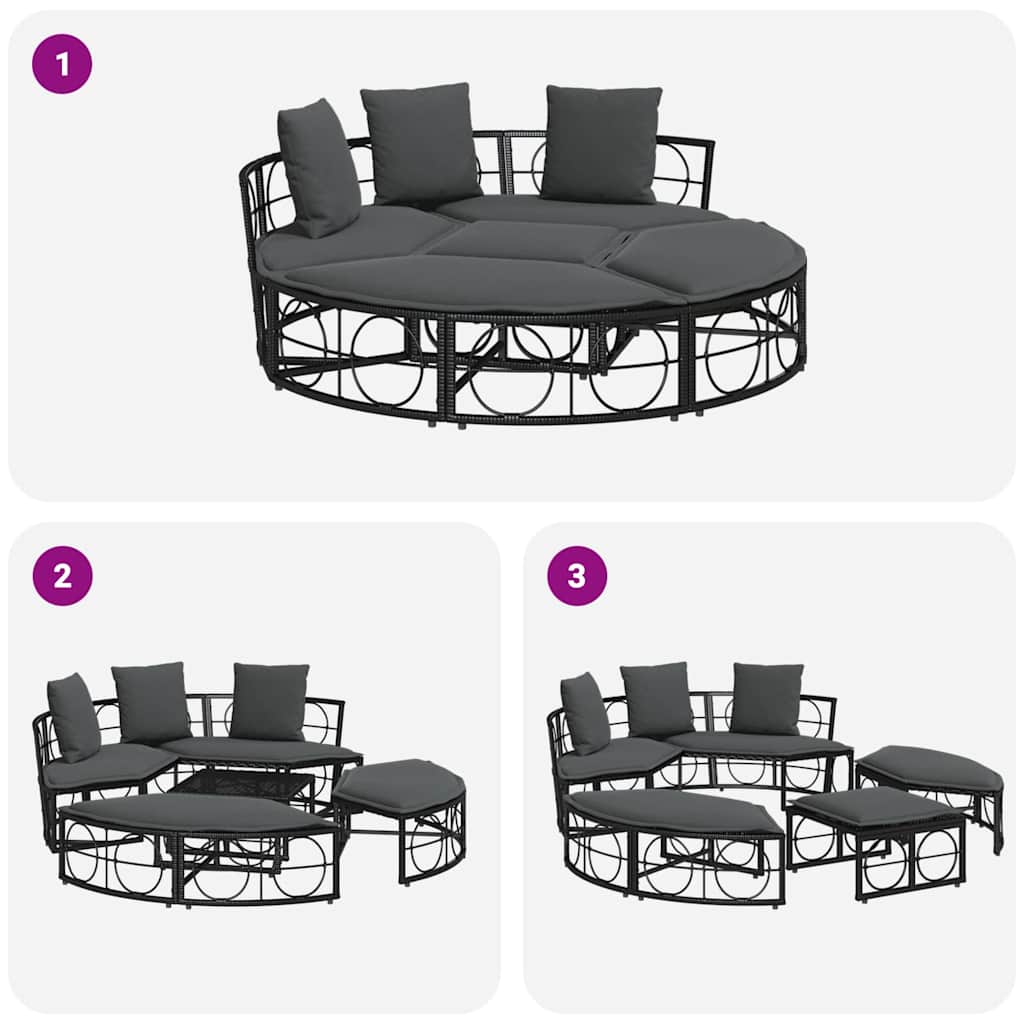 Lettino Prendisole Esterno senza Tetto Nero in Polyrattan