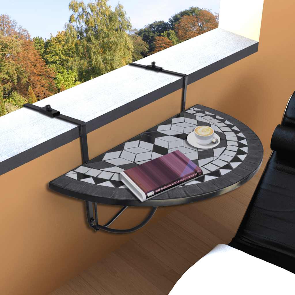 Tavolo Sospeso da Balcone Nero e Bianco con Mosaico