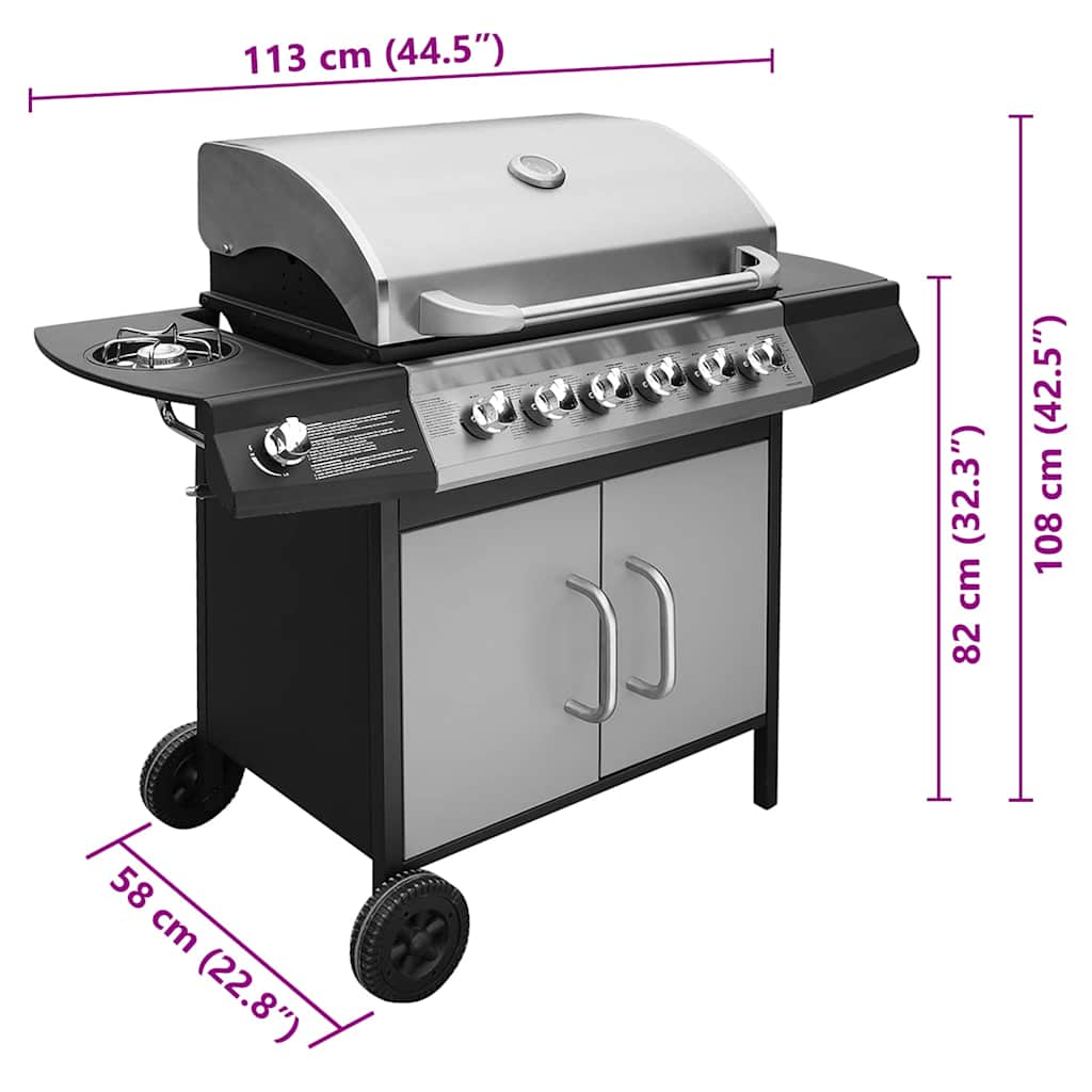 Barbecue e Griglia a Gas 6+1 Fornelli Nero e Argento