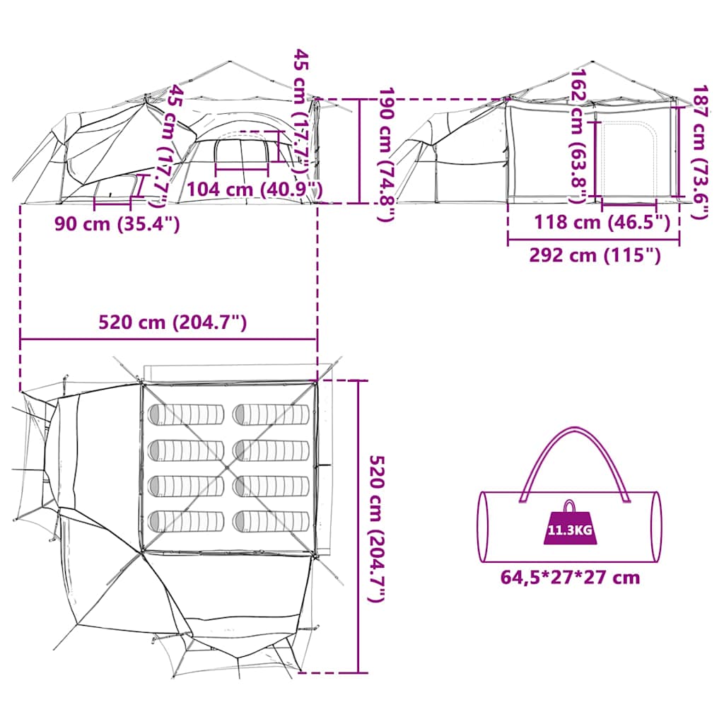 Tenda interna 8 persona Grigio e arancione taffetà