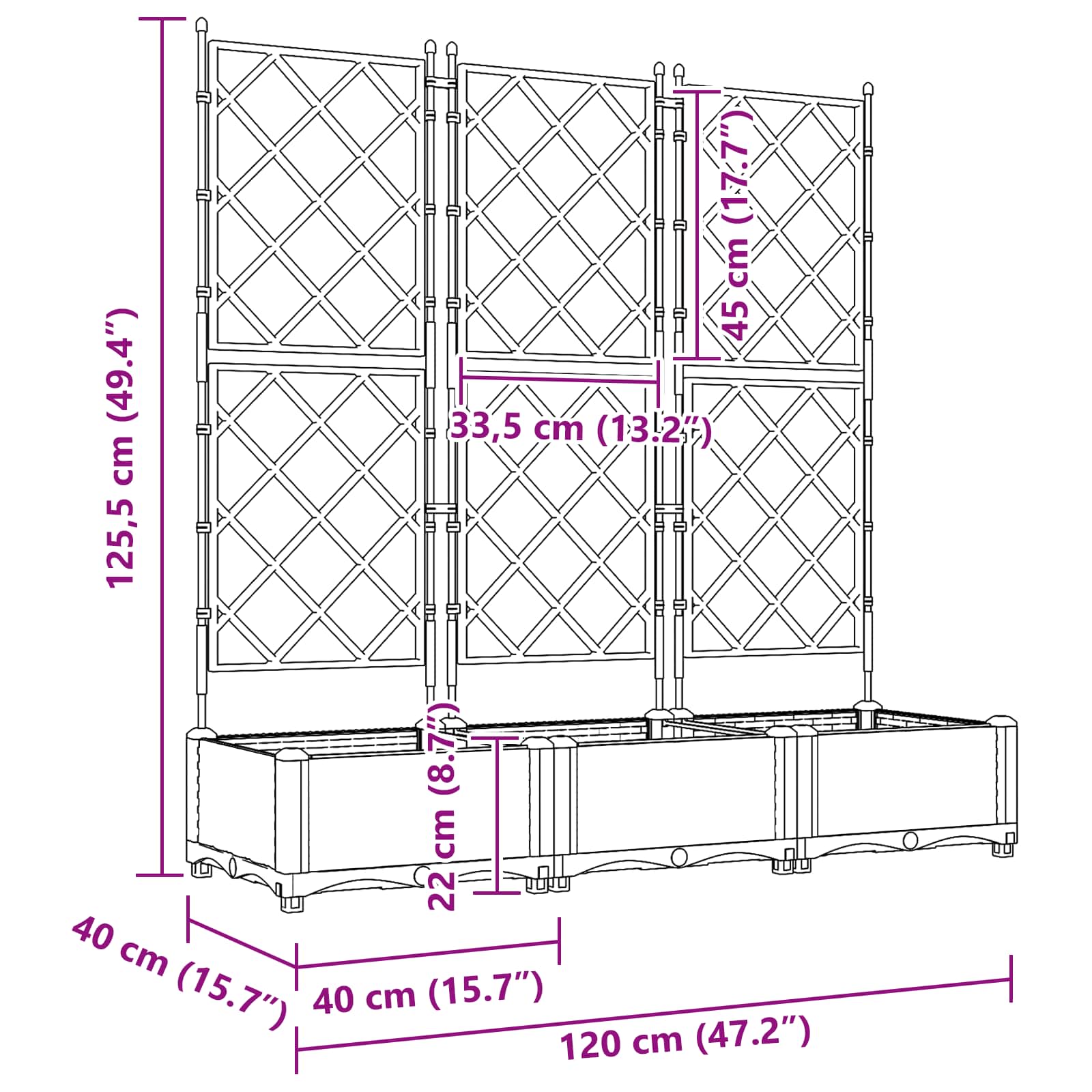 Vaso da giardino 3 pz Grigio 120 x 40 x 125,5 cm PP