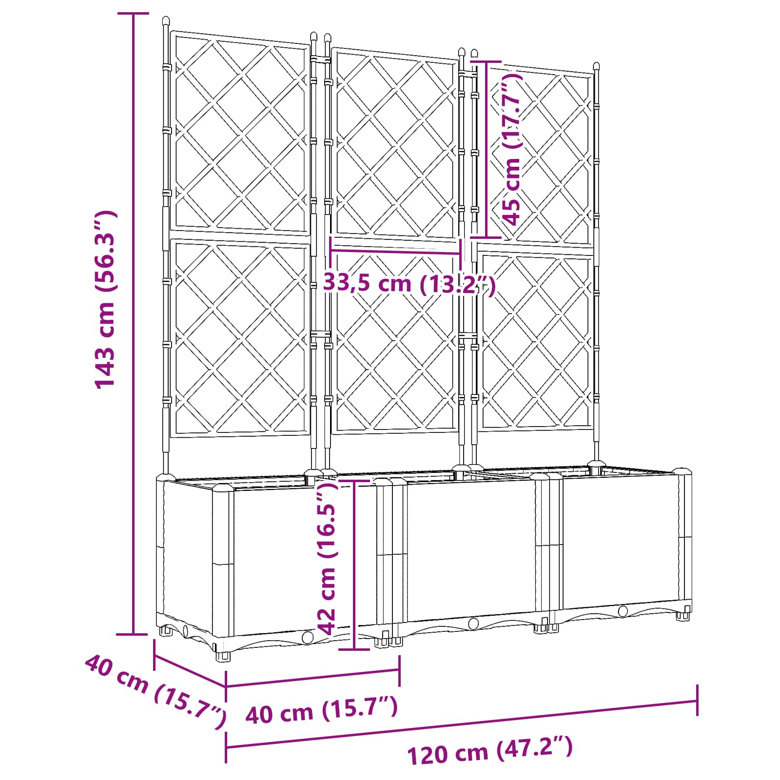 Vaso da giardino 3 pz Grigio 120 x 40 x 143 cm PP