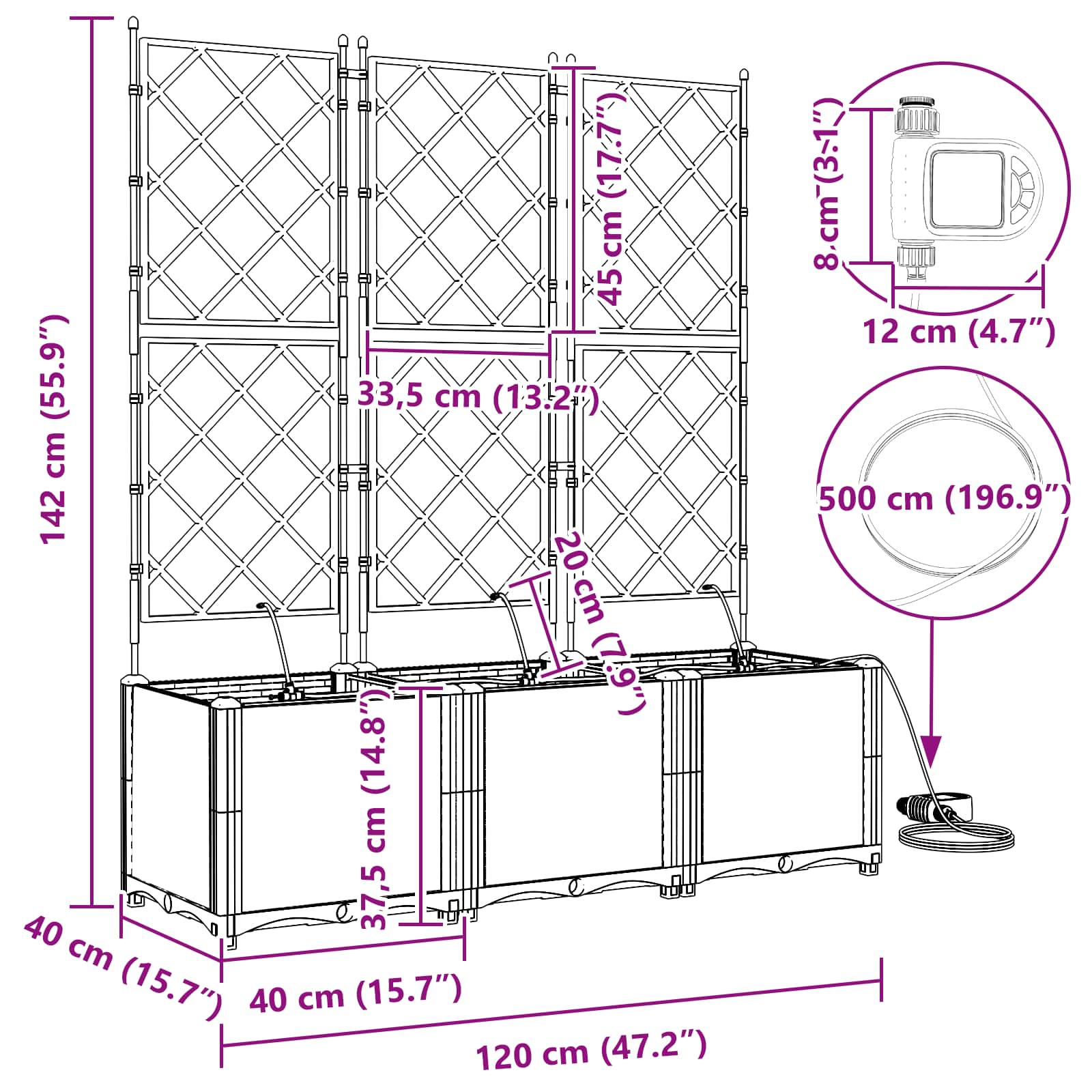 Vaso da giardino 3 pz Grigio 120 x 40 x 142 cm PP