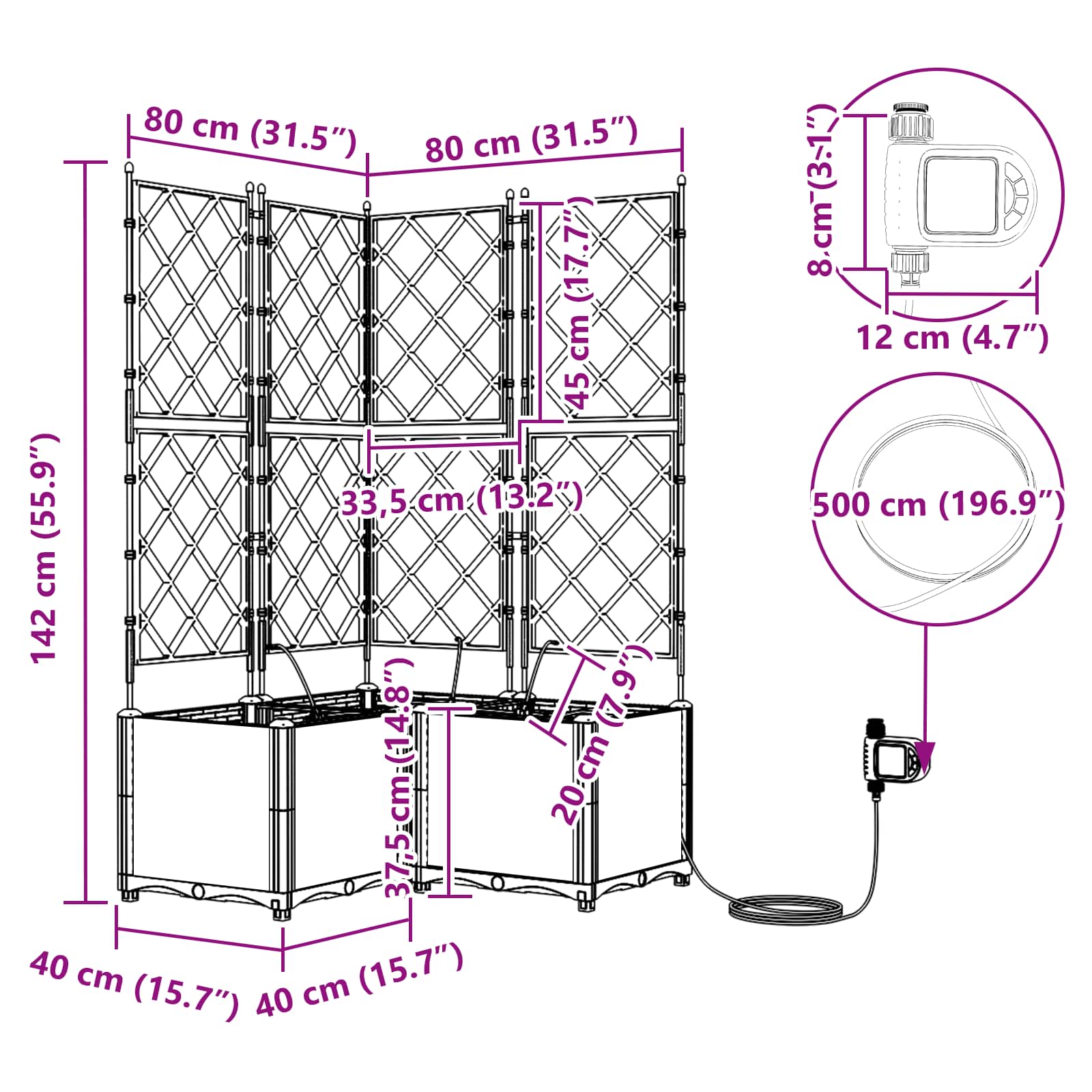 Vaso da giardino 3 pz Grigio 80 x 80 x 142 cm PP