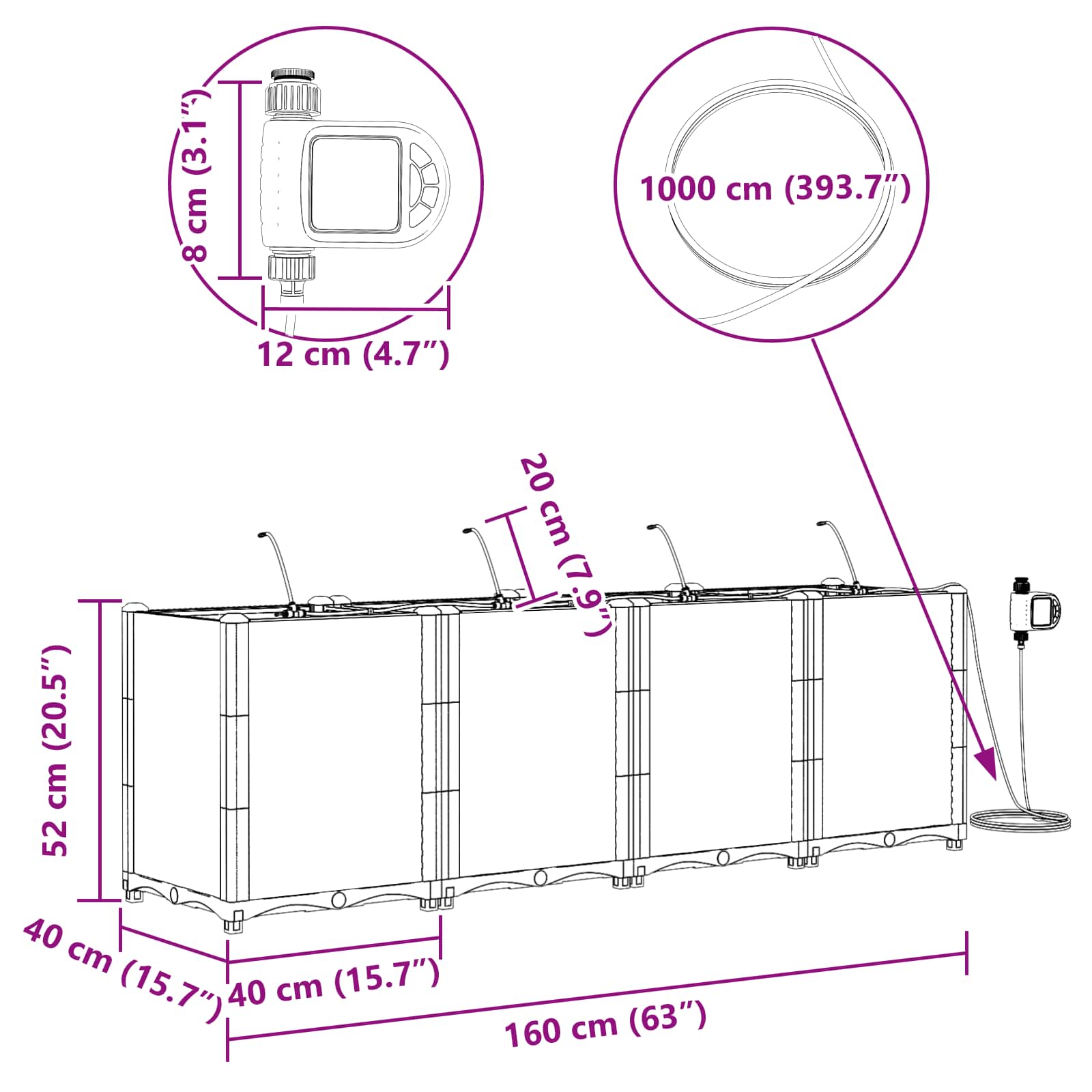 Vaso da giardino 4 pz Grigio 160 x 40 x 52 cm PP