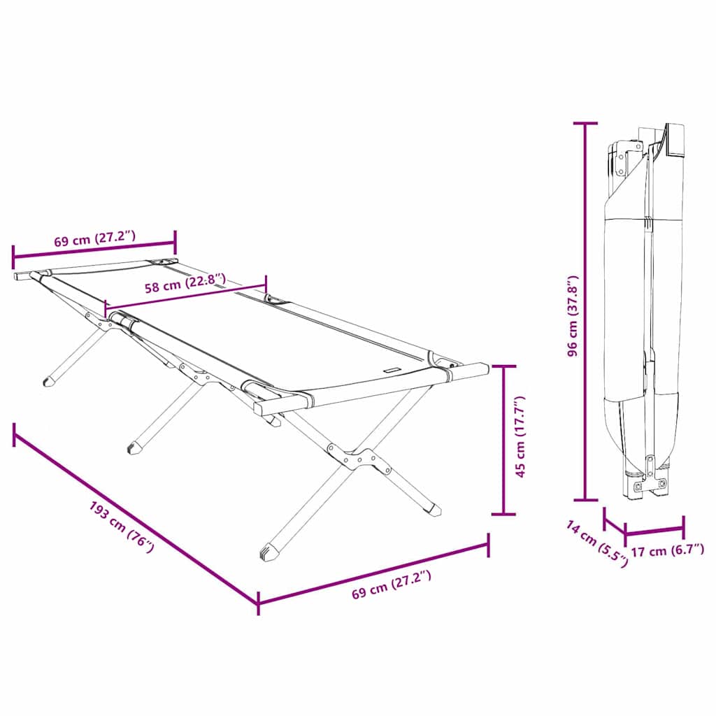 Letto da campeggio pieghevole 2 pz Nero 193 x 69 x 45 cm
