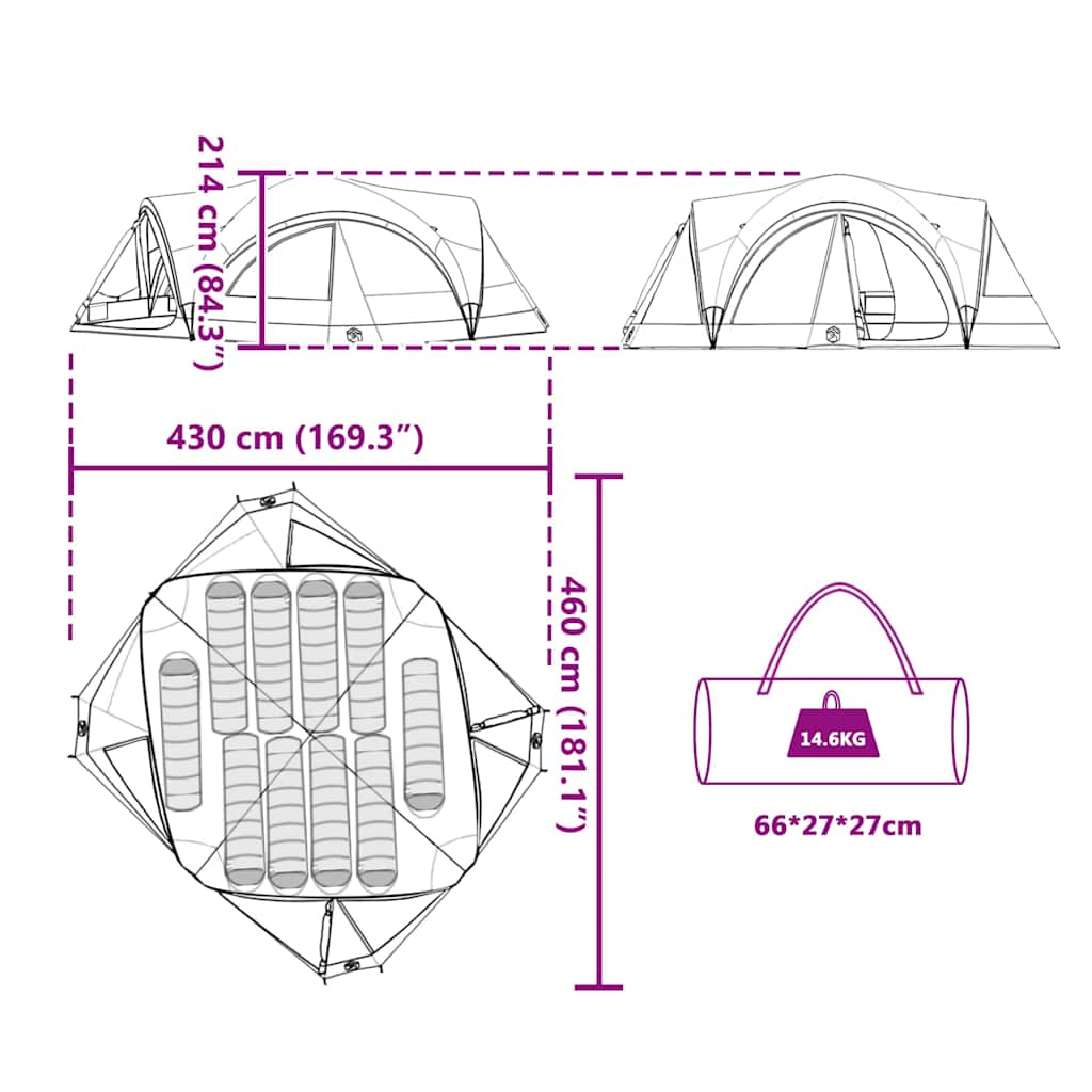 Tenda per famiglie 10 persone Blu e Grigio 460 x 430 x 214 cm