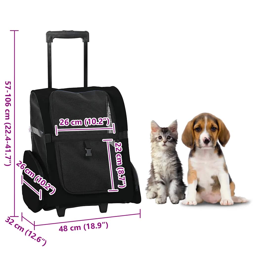 Carrello per Animali 3 in 1 Design Nero 48x32x(57-106) cm Tessuto Oxford