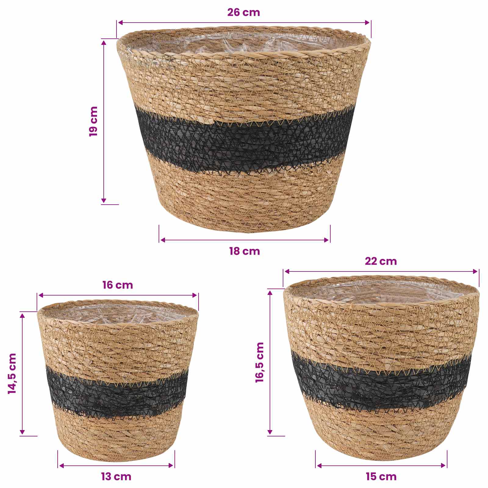 3 pz Naturale e Nero Ø26 x 19 cm 100% Erba marina