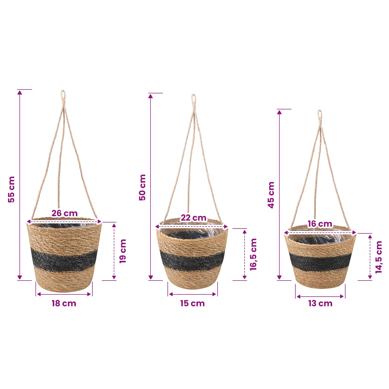3 pz Naturale e Nero Ø26 x 19 cm 100% Erba marina