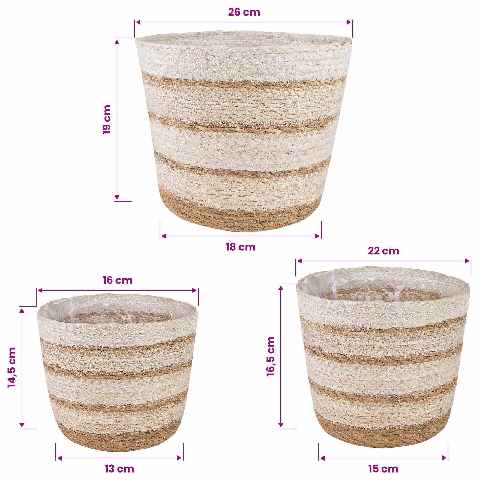 3 pz Naturale, Bianco e Beige Ø26 x 19 cm 100% Erba marina