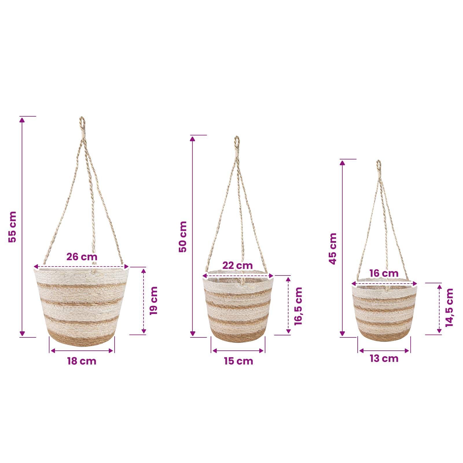 3 pz Naturale, Bianco e Beige Ø26 x 19 cm 100% Erba marina