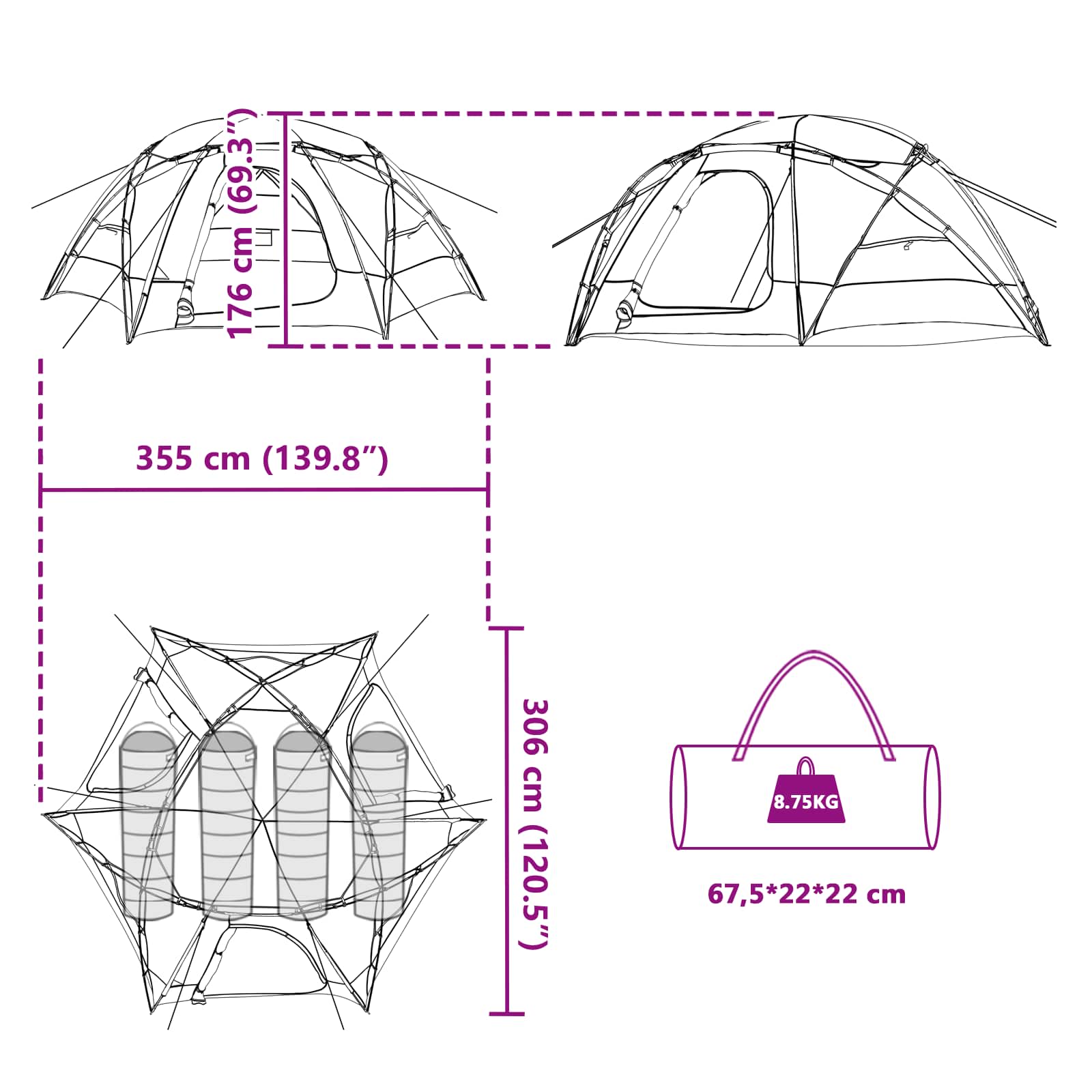 Tenda a cupola con tetto rimovibile 4 persona