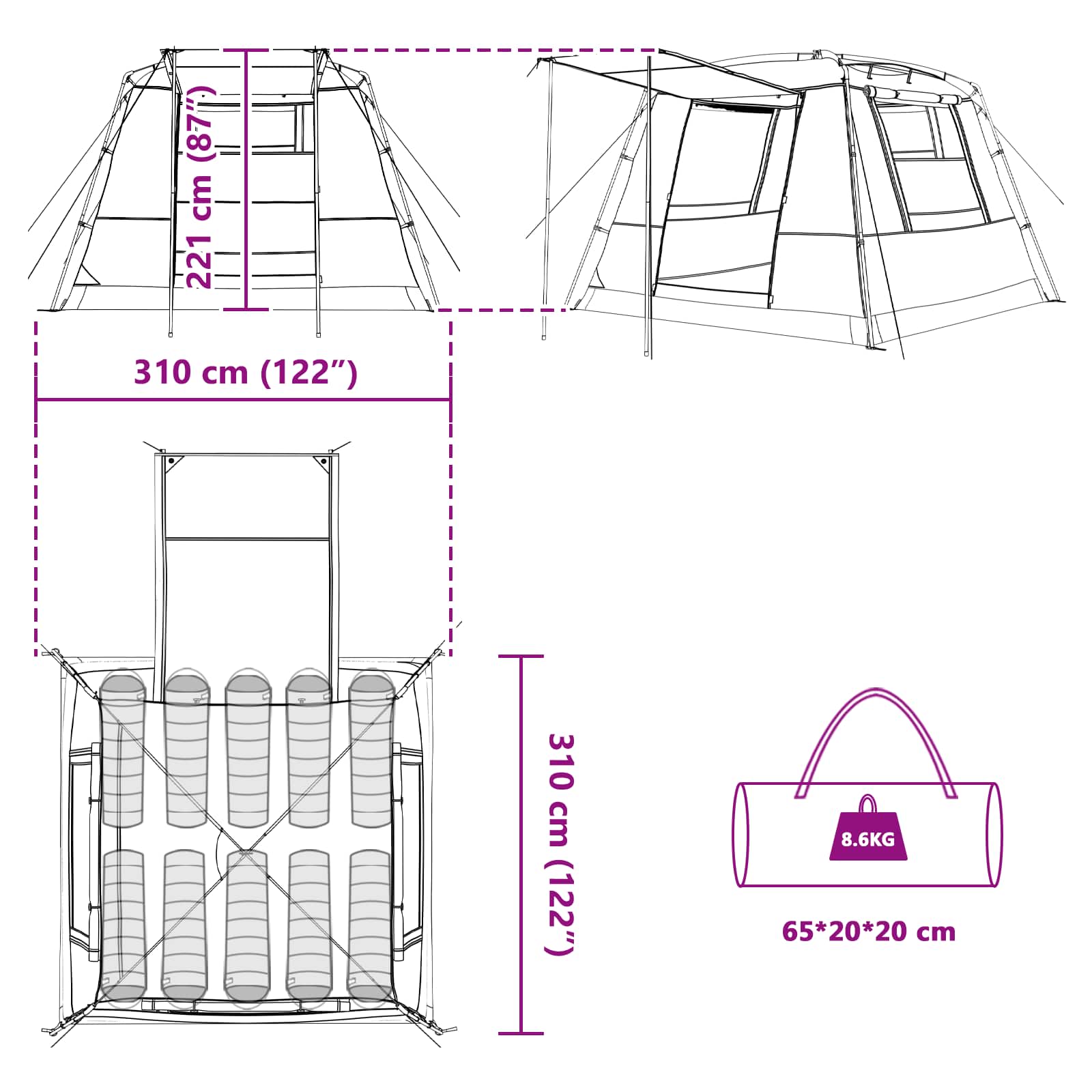 Tenda Party 10 persona Blu Poliestere 185T con rivestimento PU