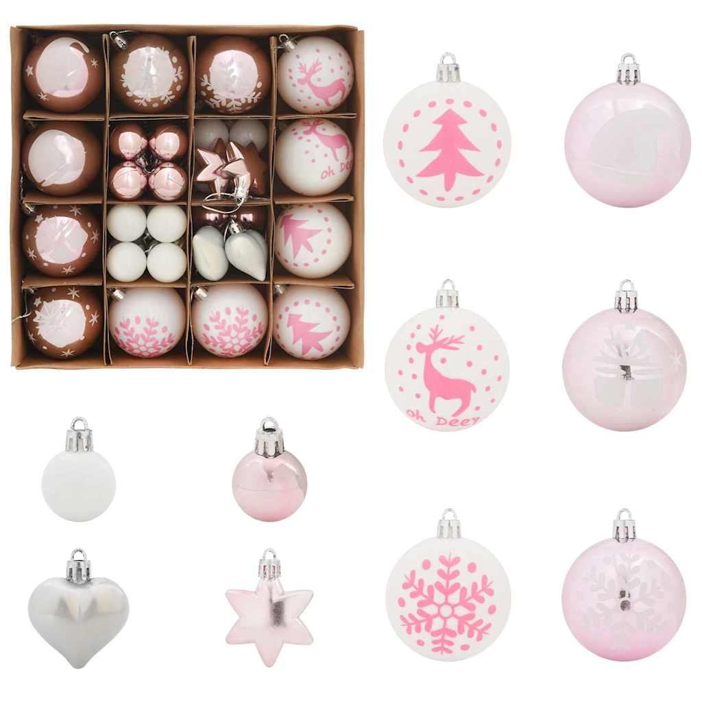 Set di Palle di Natale 40 pz Bianco e Rosa Ø 6 cm Plastica