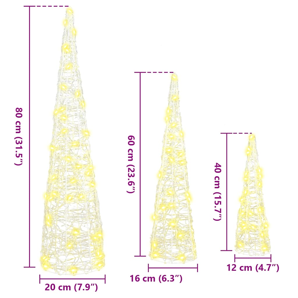 Albero di Natale 3 pz Bianco caldo 20 x 20 x 80 cm Acrilico