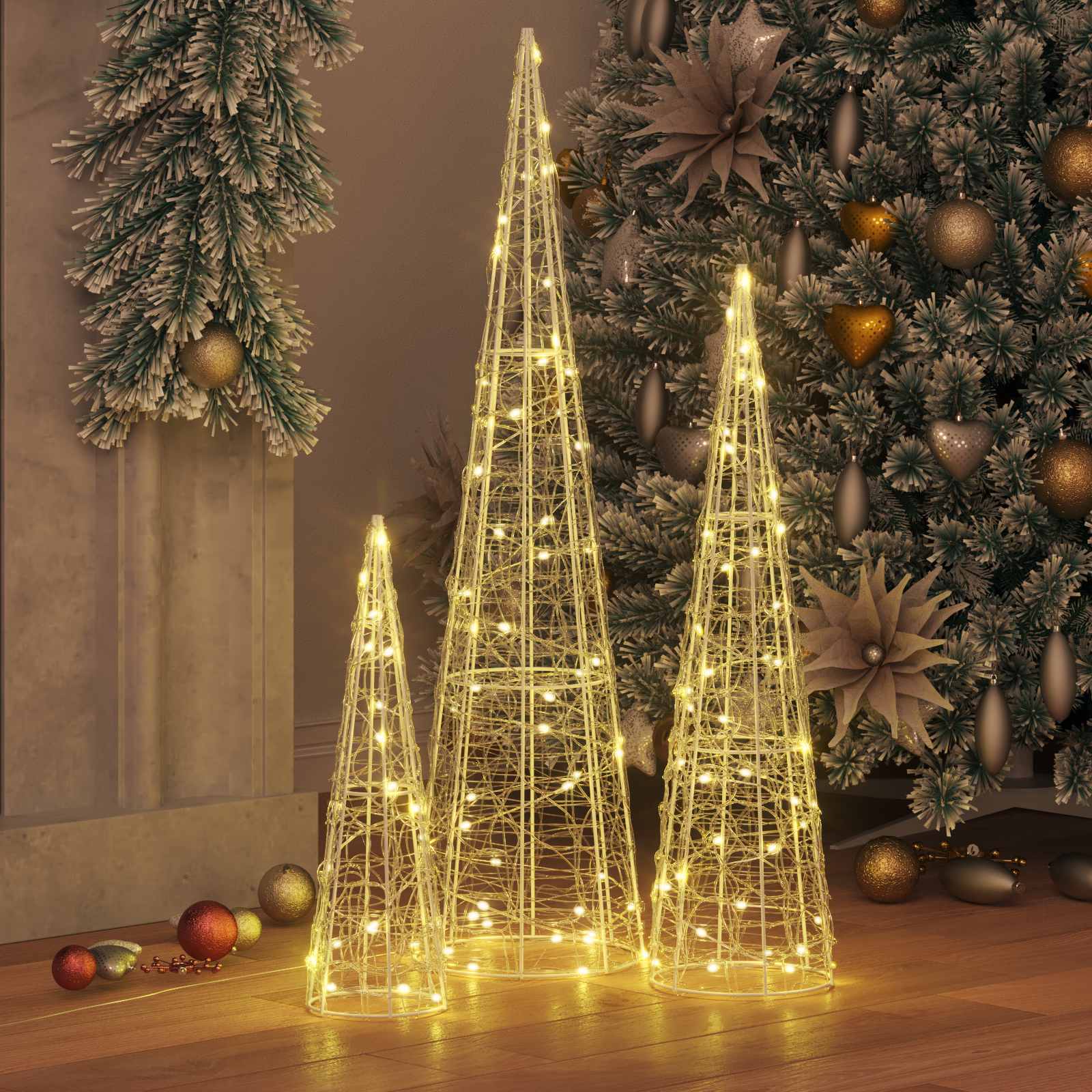 Albero di Natale 3 pz Bianco caldo 20 x 20 x 80 cm Acrilico