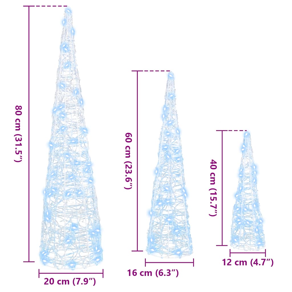 Albero di Natale 3 pz Bianco freddo 20 x 20 x 80 cm Acrilico