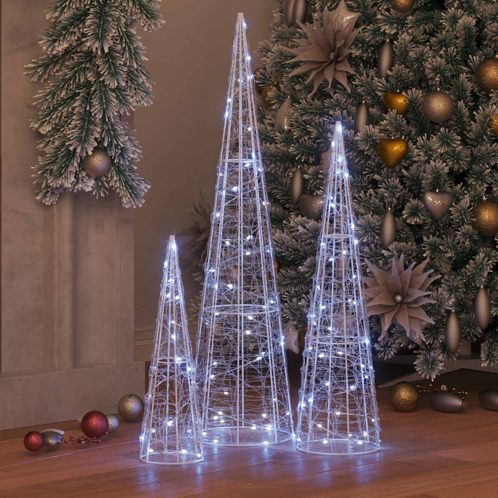 Albero di Natale 3 pz Bianco freddo 20 x 20 x 80 cm Acrilico