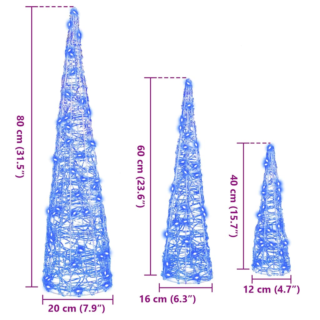 Albero di Natale 3 pz 90 LED Blu 20 x 20 x 80 cm Acrilico