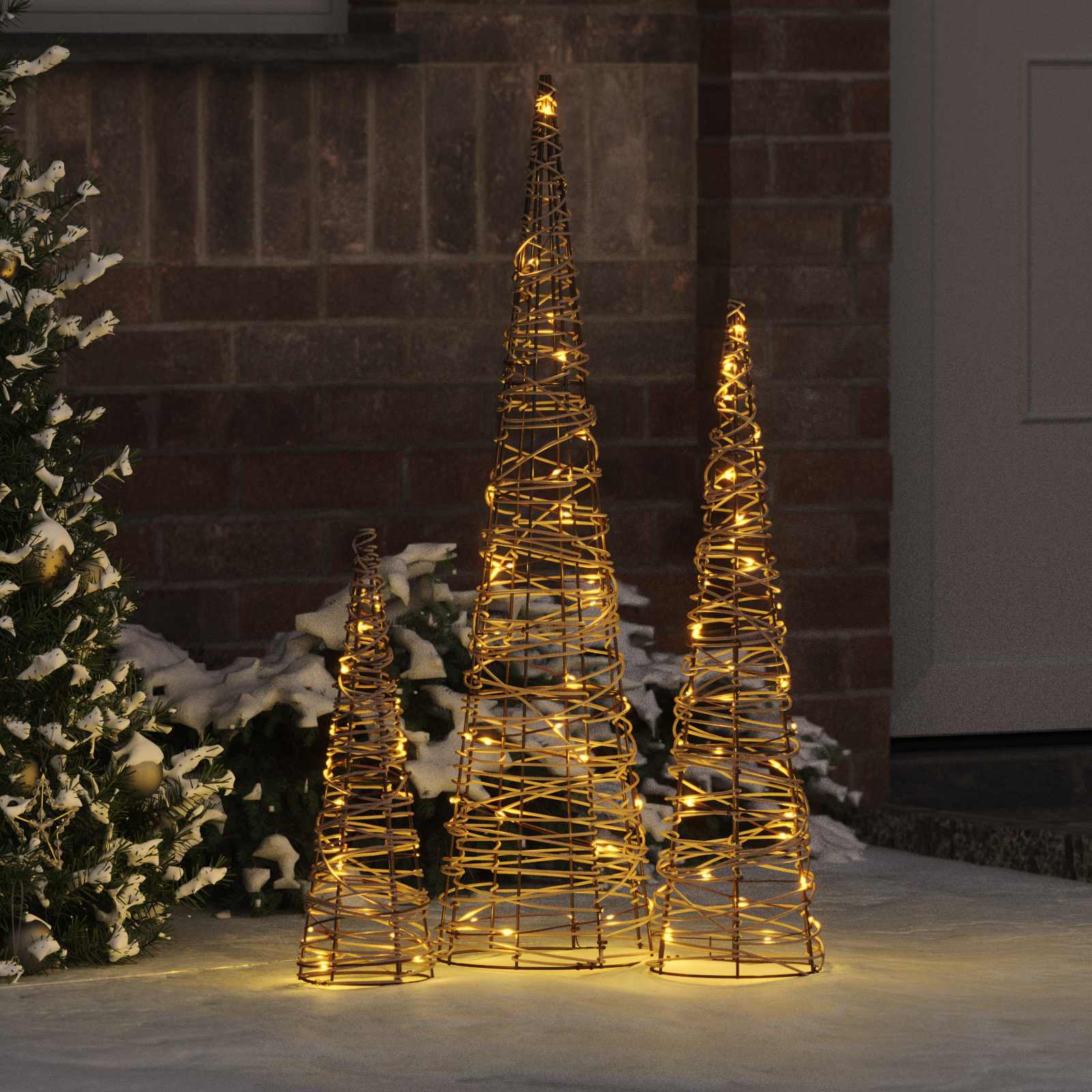 Albero di Natale 3 pz Bianco caldo 20 x 20 x 80 cm Rattan