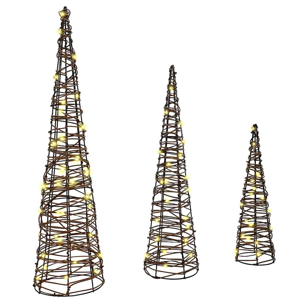 Albero di Natale 3 pz Bianco caldo 20 x 20 x 80 cm Rattan
