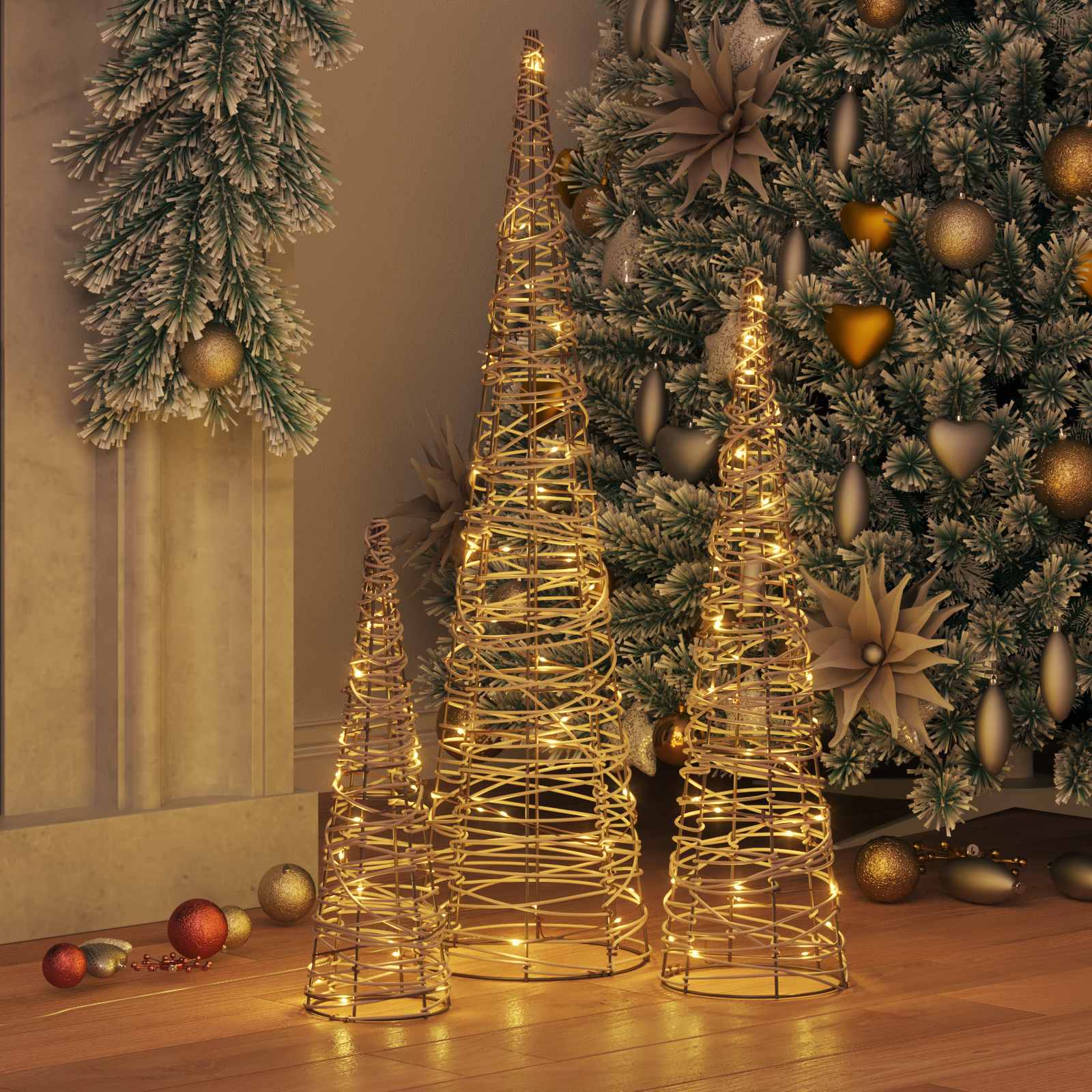 Albero di Natale 3 pz Bianco caldo 20 x 20 x 80 cm Rattan
