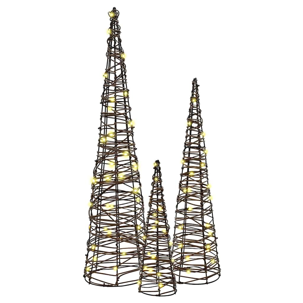 Albero di Natale 3 pz Bianco caldo 20 x 20 x 80 cm Rattan