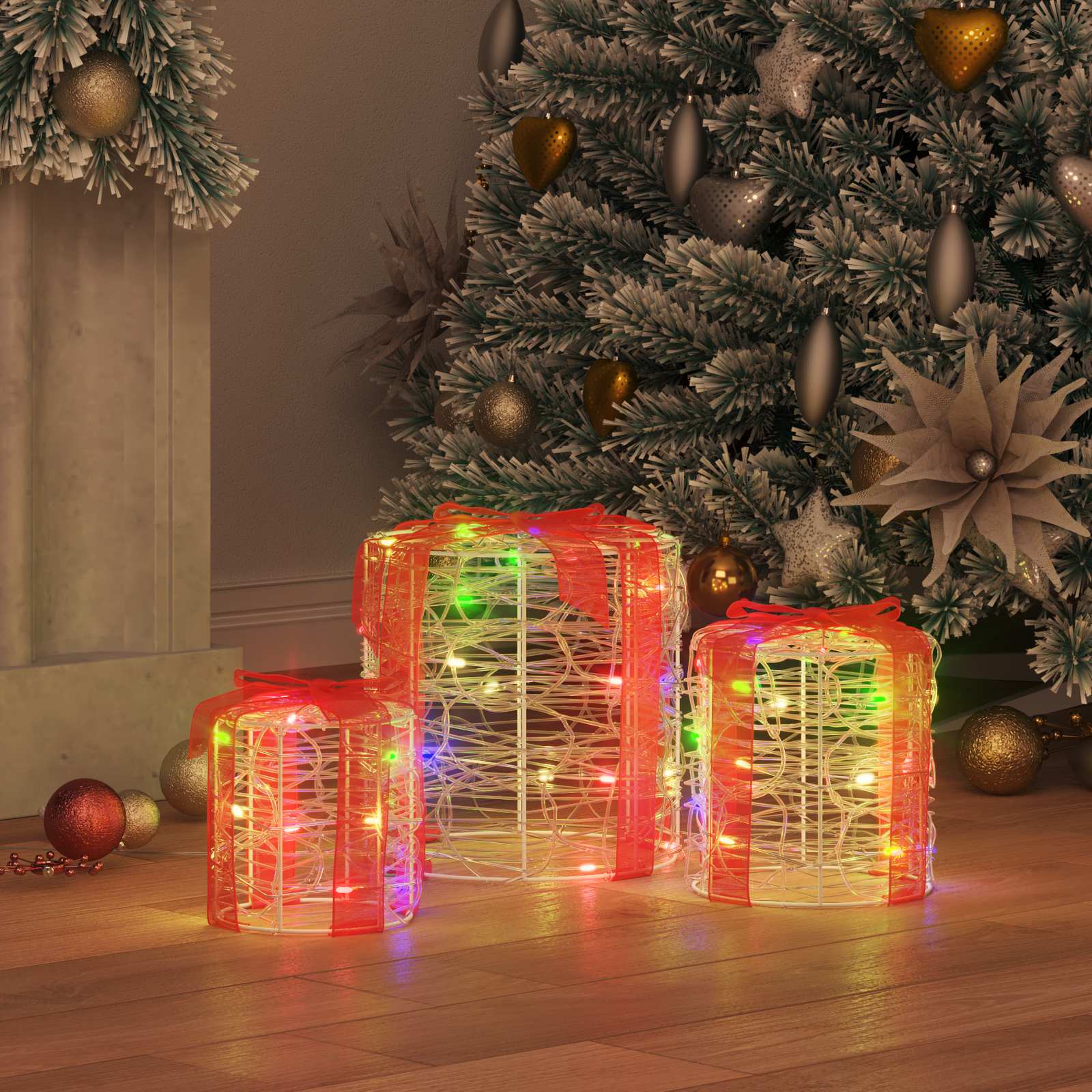 Decorazione Scatola Regalo 3 pz 60 LED colorato 20 x 20 x 21 cm