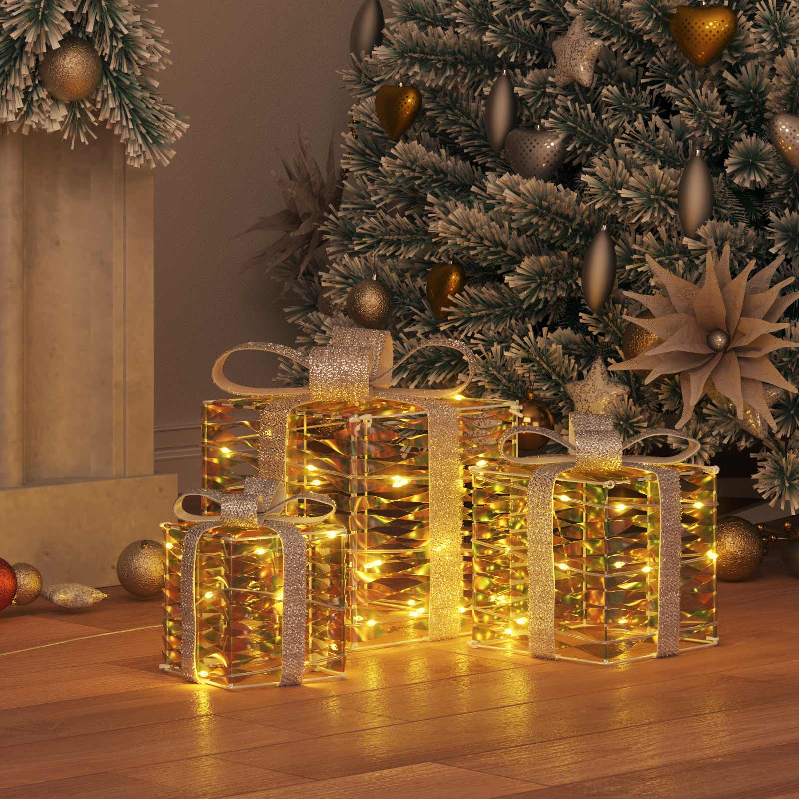 Scatola regalo di Natale illuminata 3 pz 150 LED Bianco caldo
