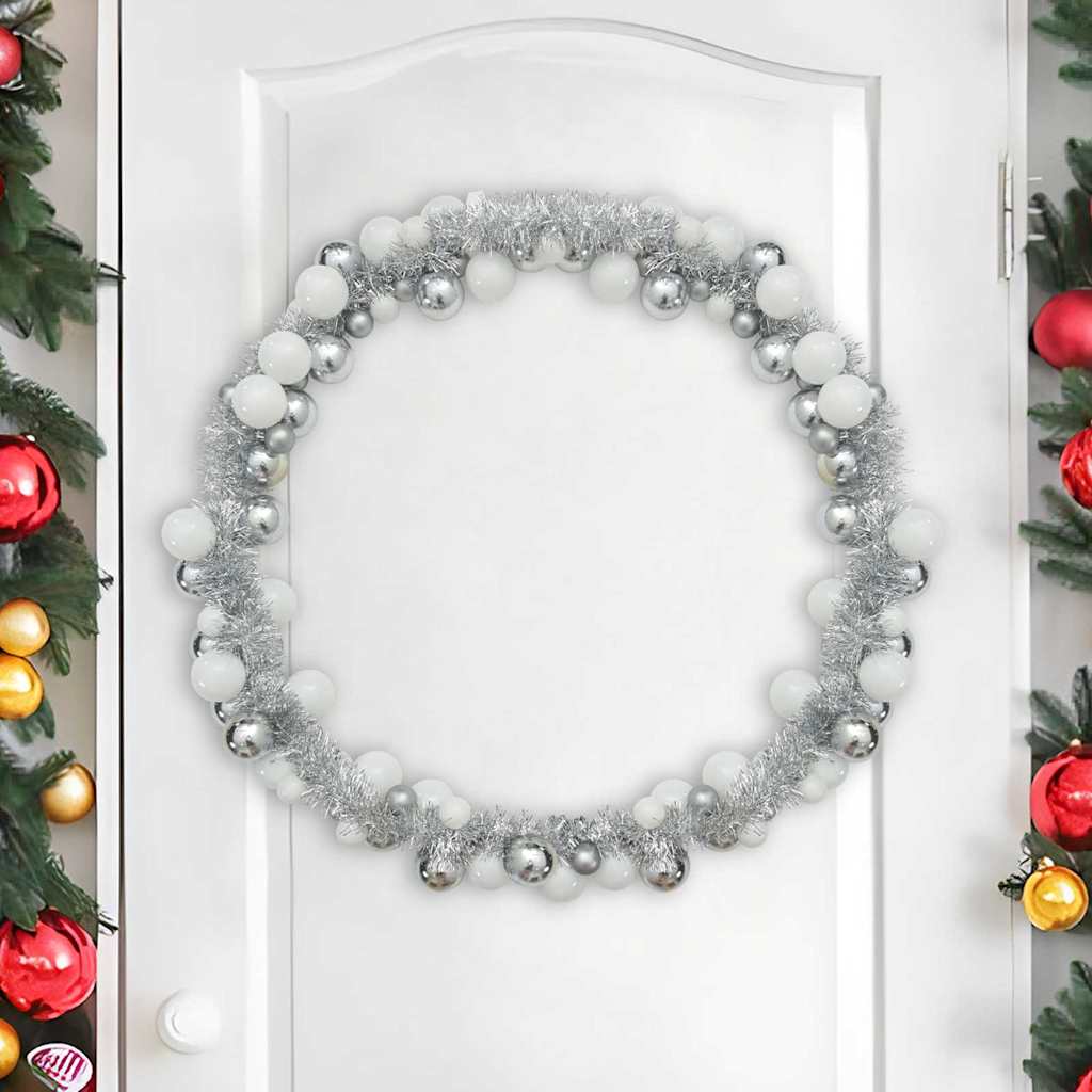 Ghirlanda di Palline di Natale LED Bianco e Argento 186 cm
