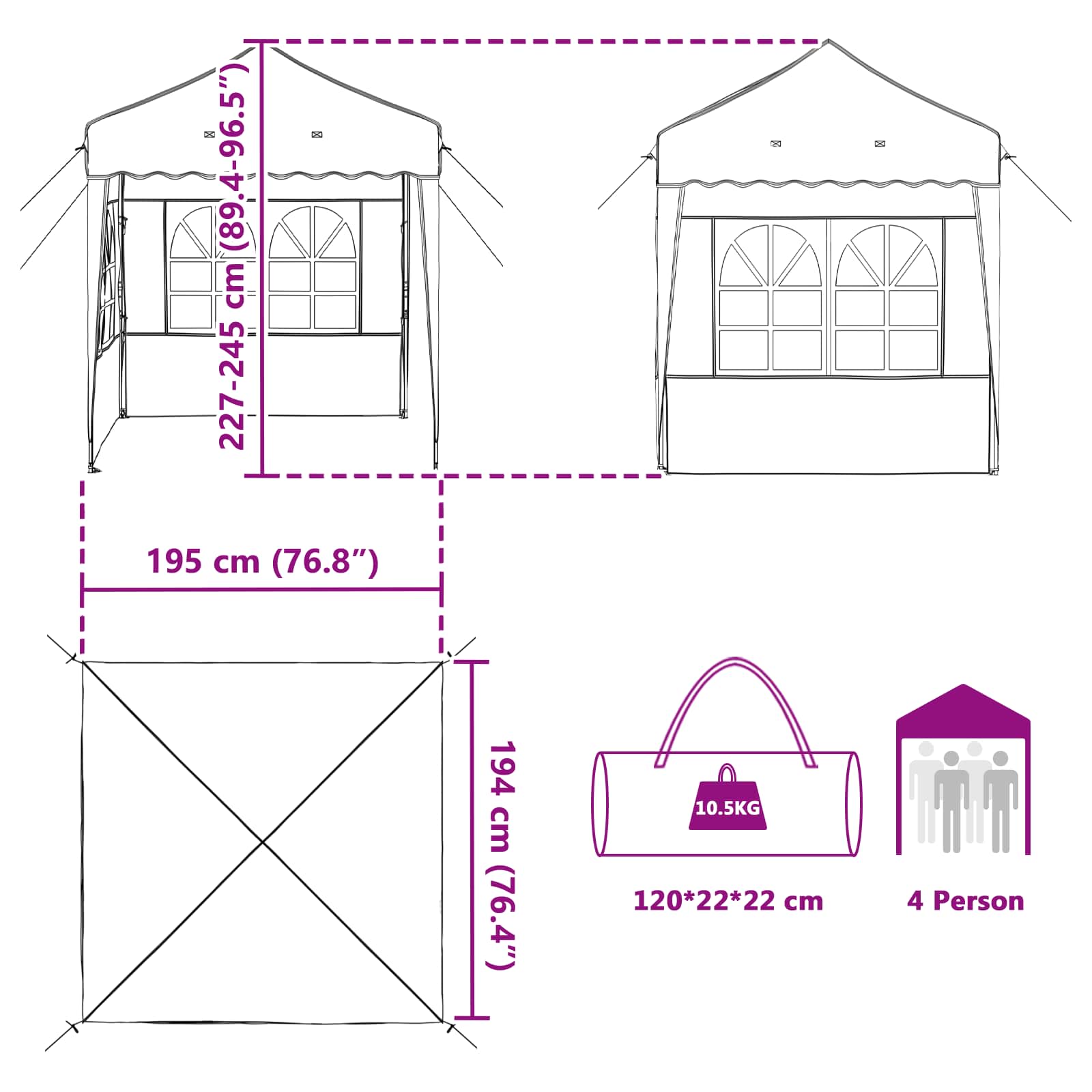 Tenda per feste a pop-up 195 x 195 x 245 cm Tortora
