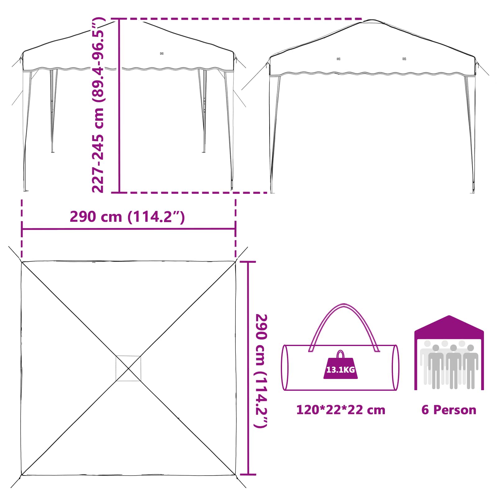 Tenda per feste a pop-up 288 x 288 x 245 cm Marrone