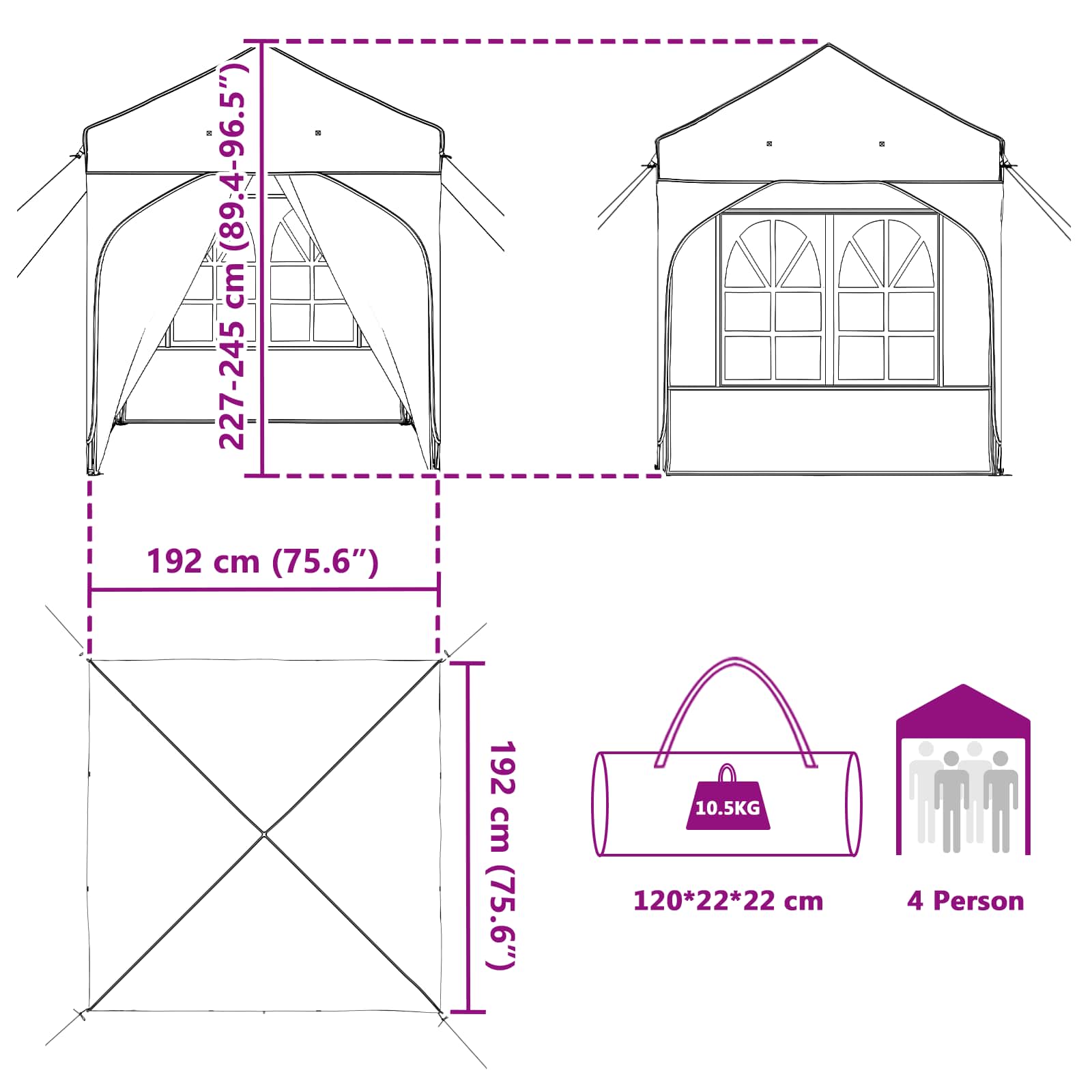 Tenda per feste a pop-up 192 x 192 x 245 cm Borgogna