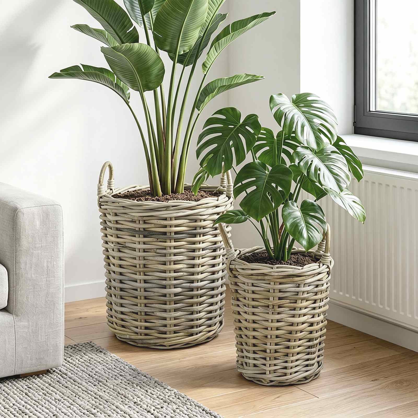 Cesto per Piante GENDT 2 pz Grigio naturale Rattan Kubu