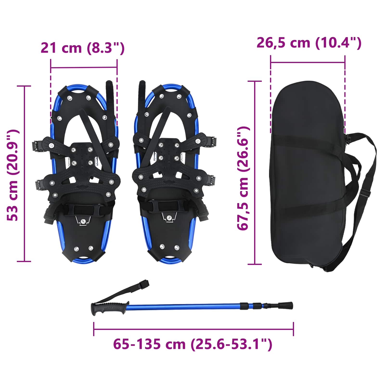 Racchette da neve 3 in 1 con bastoni da trekking Blu e Nero