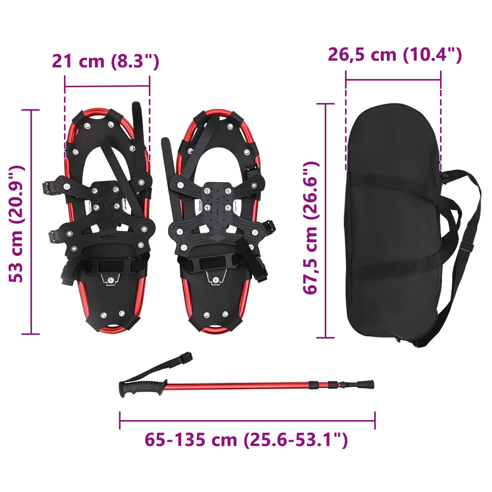 Racchette da neve 3 in 1 con bastoni da trekking Rosso e Nero